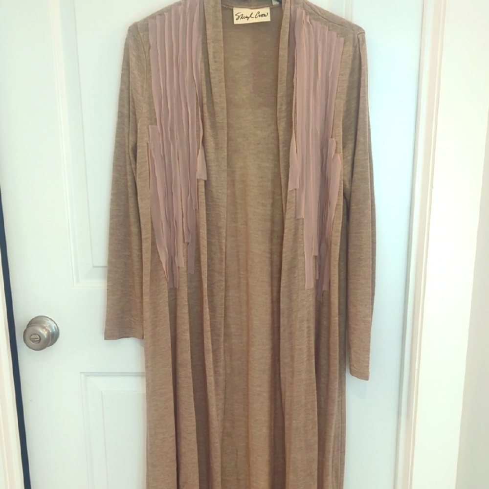 Sheryl Crow Tan Long Duster with Pleated Details